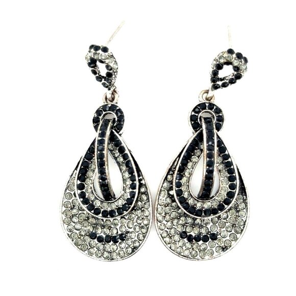Black/White Rhinestones Drop Earrings - Picture 1 of 5